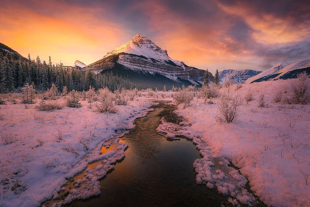 A fine art nature photograph taken of sunrise at Tangle Peak in Alberta in winter by Bryce Mironuck