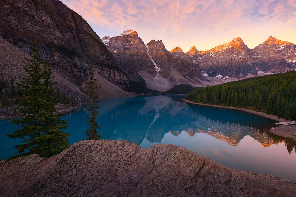 A fine art photograph of Moraine Lake, taken in the morning in Alberta by Bryce Mironuck