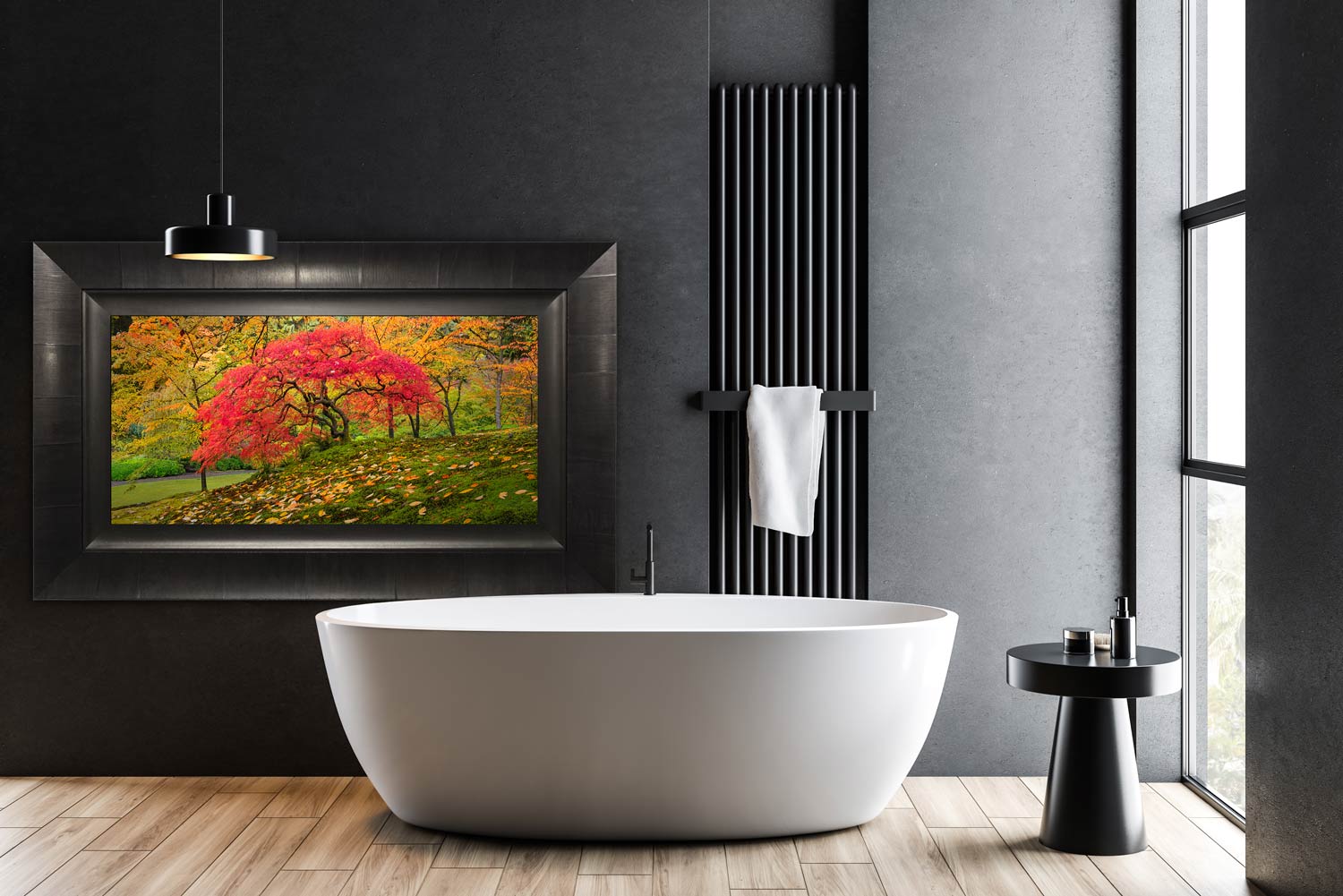 A framed print hanging in a washroom