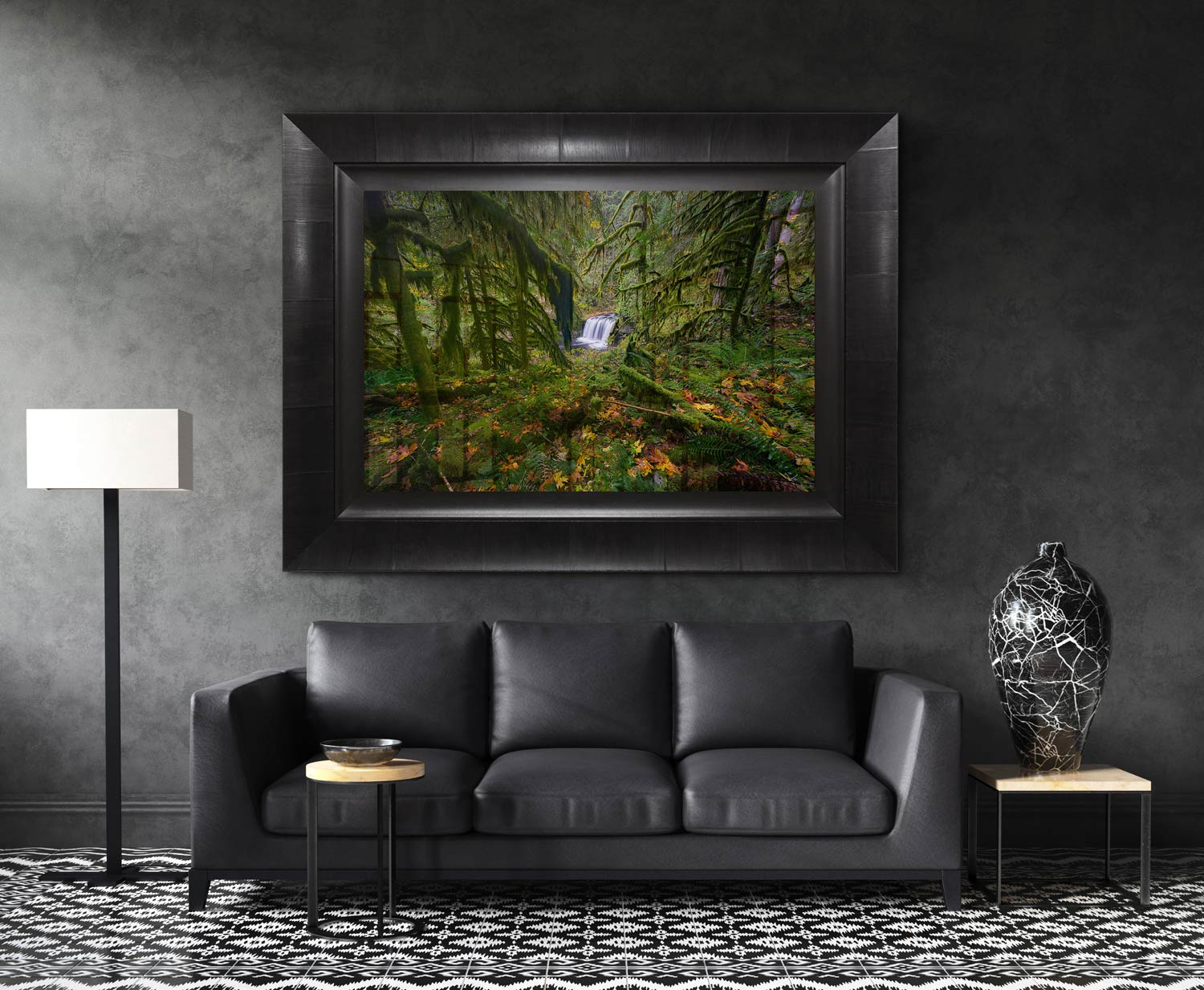 A photography print in a living room, above a fireplace, similar to Peter Lik, by Bryce Mironuck