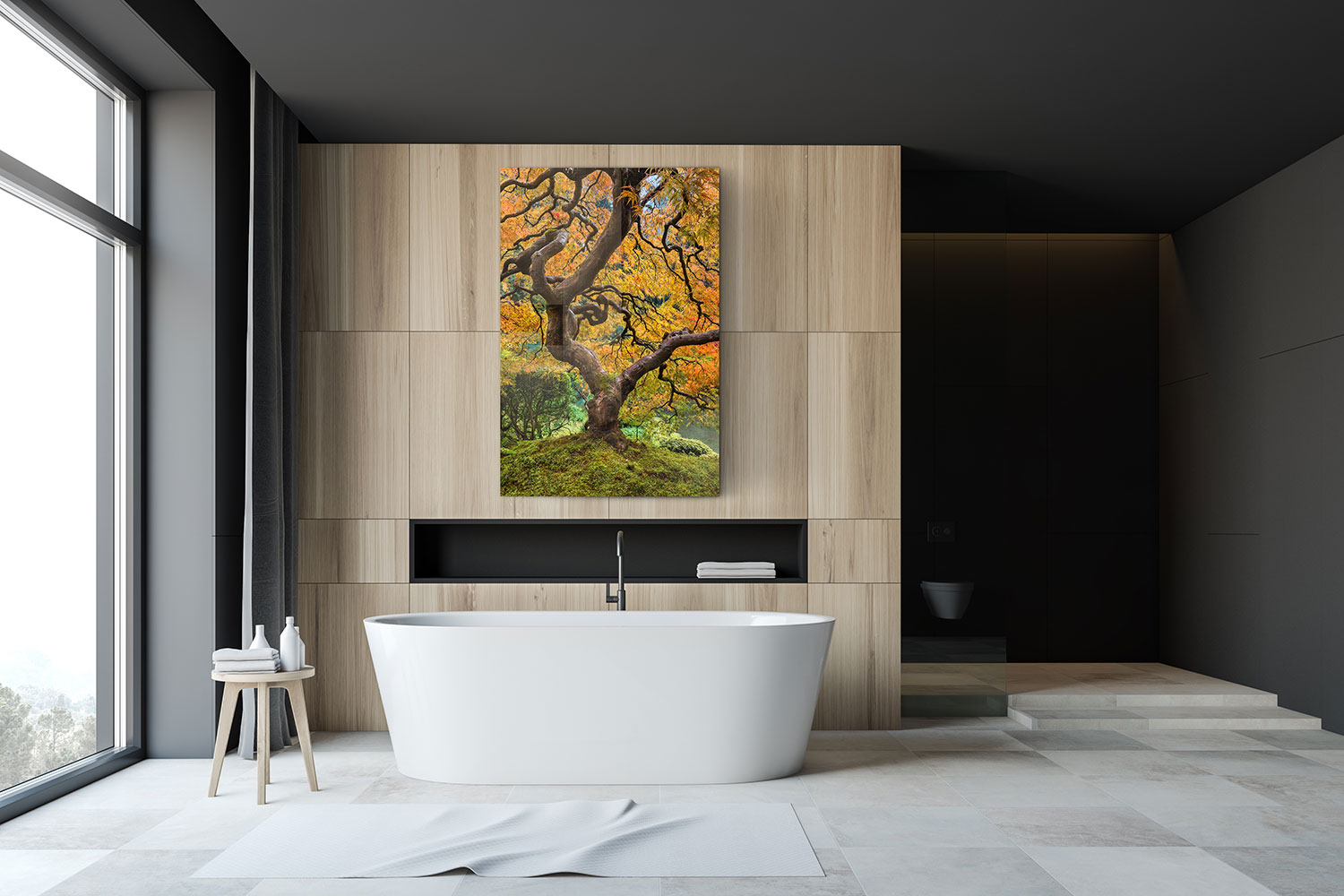 A photography print in a bathroom, titled "Fall’s Ascension"