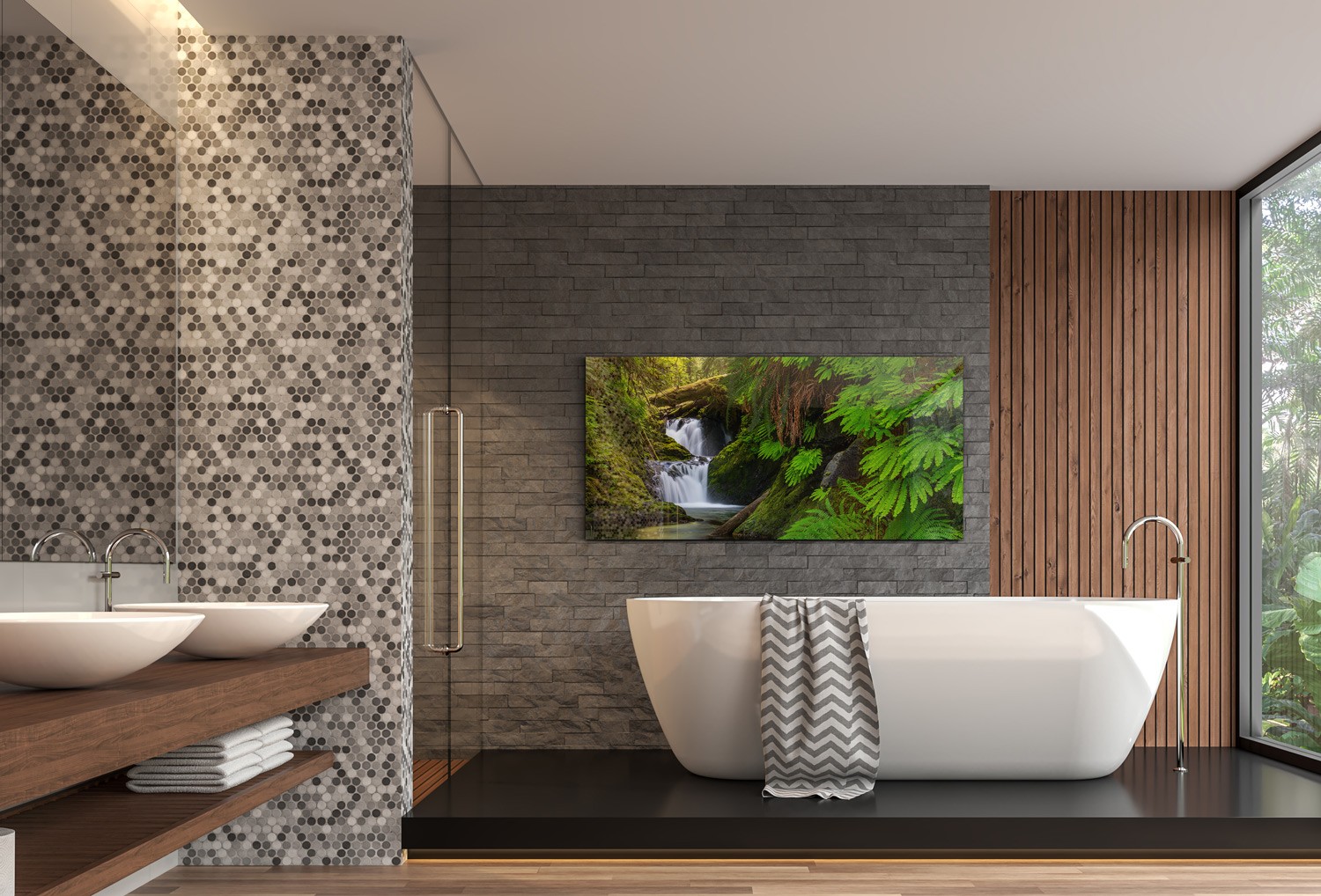 A photography print in a bathroom, above a bathtub, similar to Peter Lik, by Bryce Mironuck