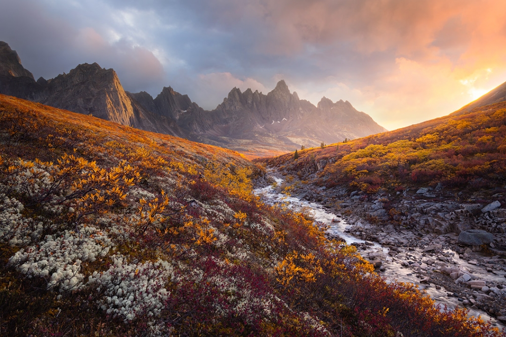 A sunset in Tombstone Territorial Park in the Yukon. Pictured is a river leading to the mountains at Talus Lake. A nature photography print by Bryce Mironuck