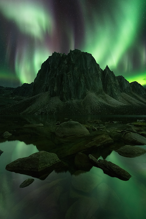 A fine art nature photograph of the aurora in the sky above the mountains at Talus lake. Photographed within Tombstone Territorial Park in the Yukon.